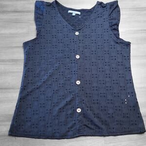 Daisy Fuentes Women’s Floral Cutout Black V-Neck Flutter Sleeve Top L EUC